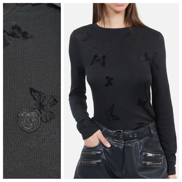 NWT The Kooples Flocked Butterfly Long-Sleeve Ribbed Tee 1 (S) Black Crest - Picture 1 of 11